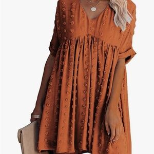 Women’s Small Short Sleeve Rust Orange V Neck Babydoll Dress